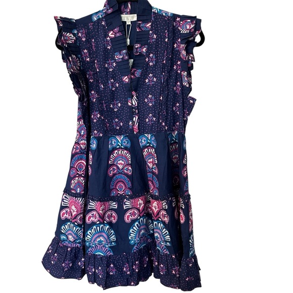 Caroline Constas Women’s Navy Blue Ruffle Sleeve Half Moon Print Dress Sz S NWT - Picture 1 of 12